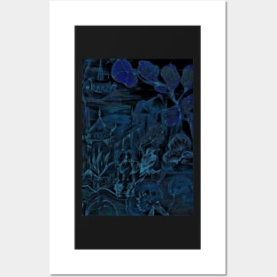 ORIENTAL MIDNIGHT BLUE GARDEN , PAGODA CHINA DECO DESIGN ASIAN FLORAL BIRD ART PRINT Posters and Art